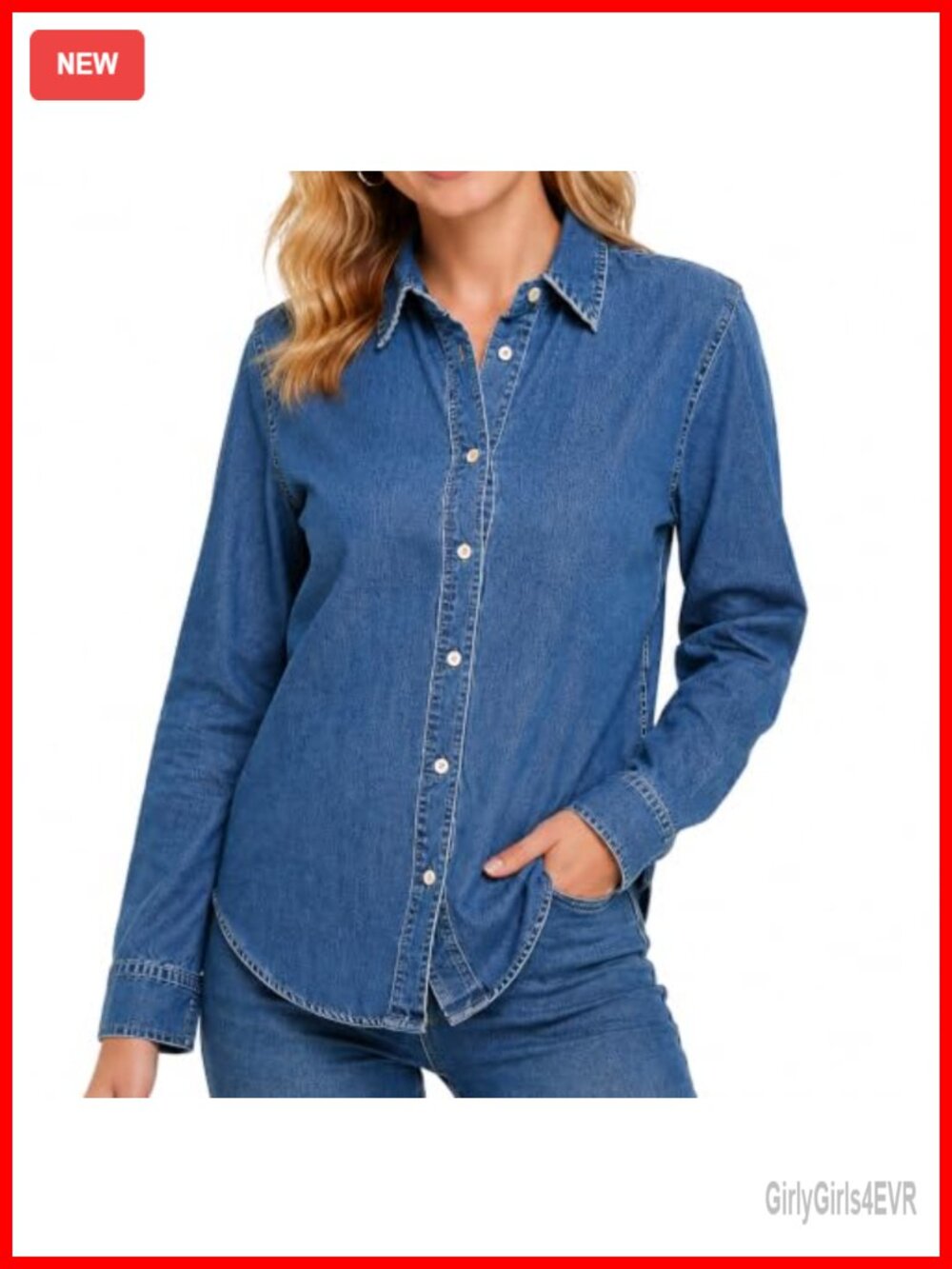 Women's Denim Button-Down Shirt Long Sleeve Relaxed Fit